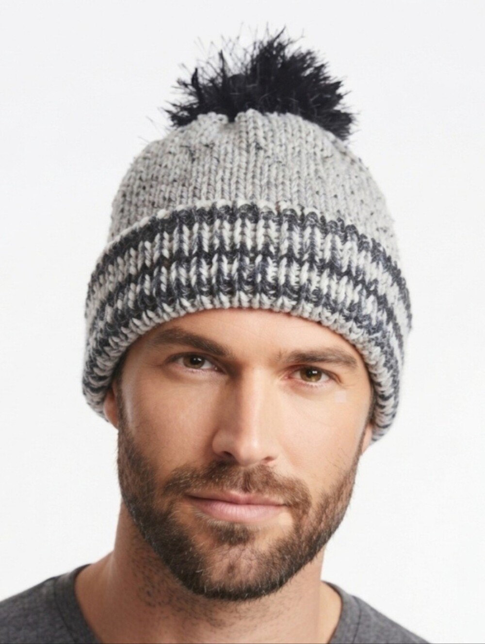 Handmade Reversible Beanie Hat 2-in-1 Adult Kids Unisex Gray Black Pompom OOAK